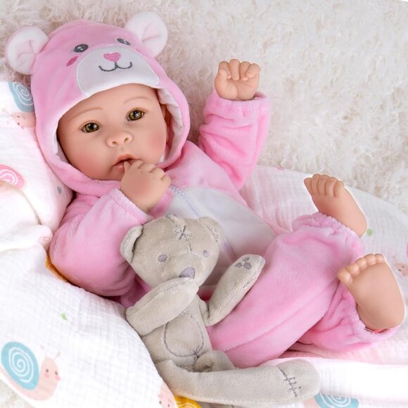 Other - 🆕17inch Soft Cloth Body Newborn Baby Poseable Limbs Pink Bear Baby Girl